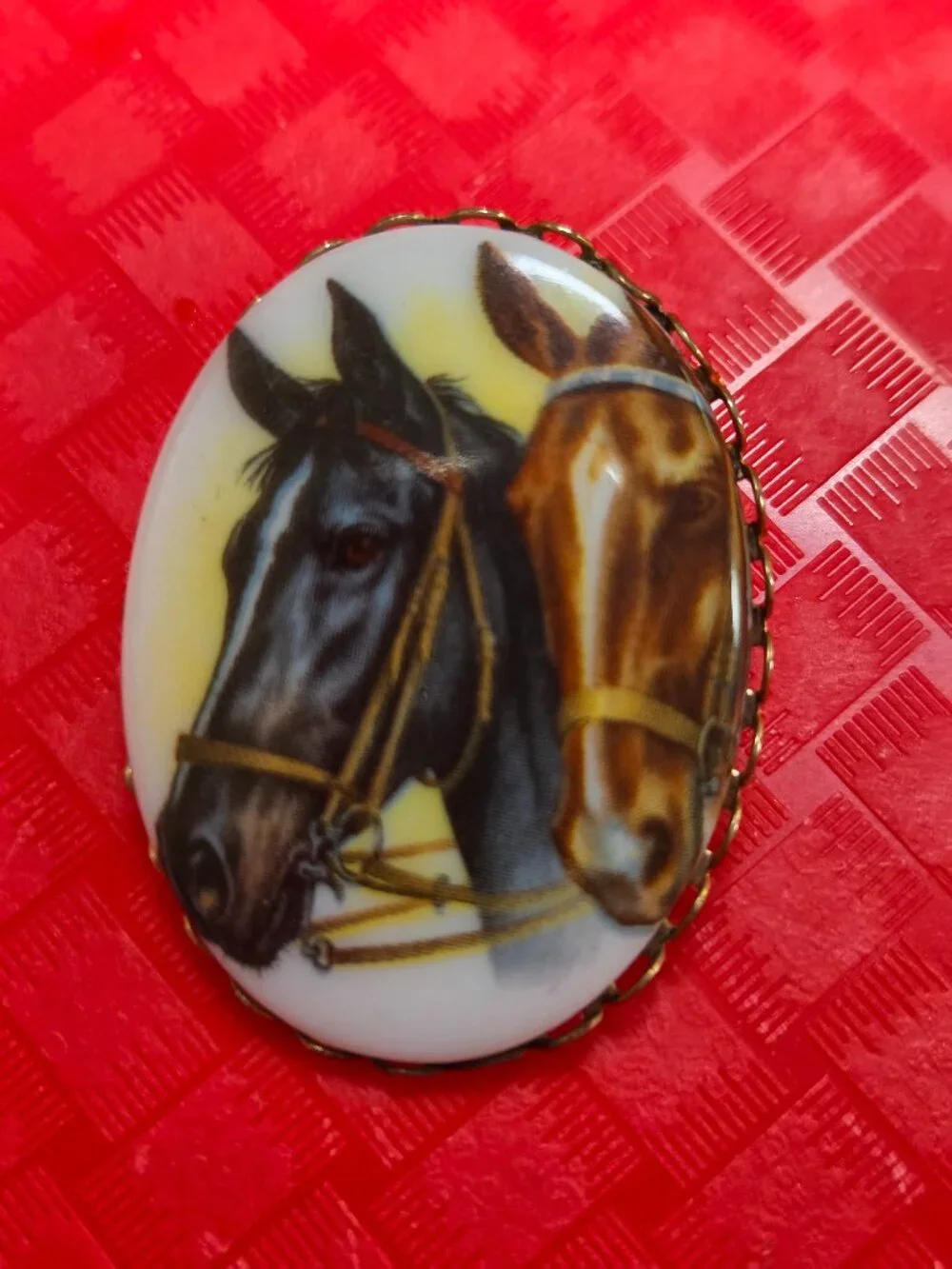 vintage lithograph horse's oval brooch